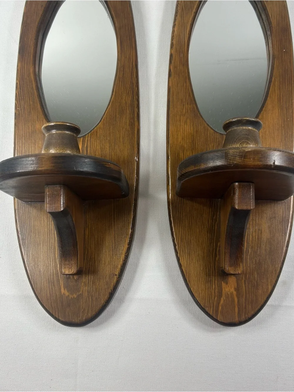 Vintage Wood & Mirrored Wall Candle Sconces Colonial Oval Cottagecore 18” x 5.5”
